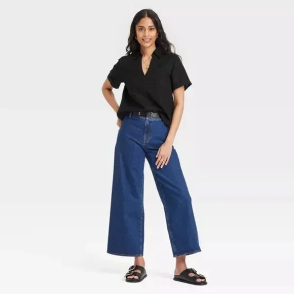 Universal Thread/Short Sleeve/Popover Blouse/Black/Collar/Relaxed Fit/M - Picture 2 of 3